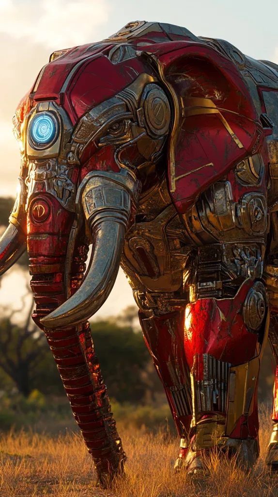 A majestic robotic elephant, crafted from red and gold metallic components, stands in a savanna at sunset. Its design blends organic elephant features with intricate mechanical details, including visible joints and a glowing blue element on its forehead.  The weathered texture suggests age and battle-hardiness, creating a powerful and awe-inspiring image.