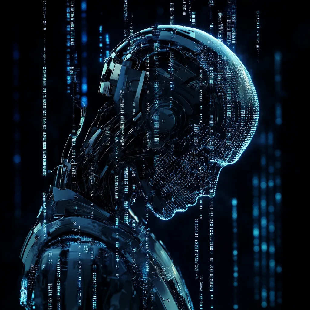 A digital rendering depicts a robotic head and shoulders, constructed from glowing blue particles and metallic components. The figure is partially transparent, revealing internal mechanical structures.  A backdrop of cascading blue digital code emphasizes the technological theme. The robot's head is bowed, creating a contemplative or melancholic mood.  The overall aesthetic blends science fiction with a sense of introspection.