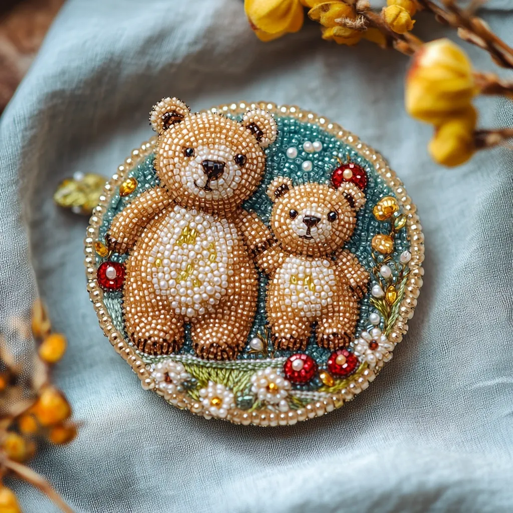 A stunning beaded brooch depicts two adorable teddy bears amidst a floral setting.  The larger bear stands protectively beside a smaller one, both meticulously crafted with light brown and pearly white beads.  The circular brooch features a teal background accented with embroidered flowers and red berries, creating a charming and intricate design.  The piece rests on soft blue fabric.