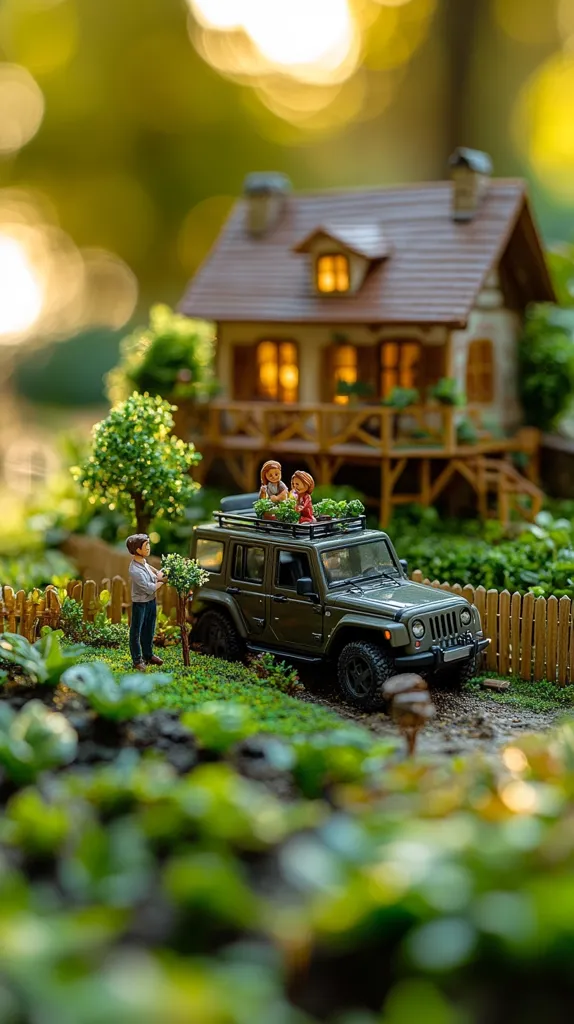 A miniature scene depicts a family's day out.  Two children sit atop a green Jeep Wrangler parked near a charming miniature house. A man tends to a small tree nearby. Lush greenery and a wooden fence surround the idyllic setting, creating a charming, whimsical tableau.  The warm light suggests a pleasant afternoon.