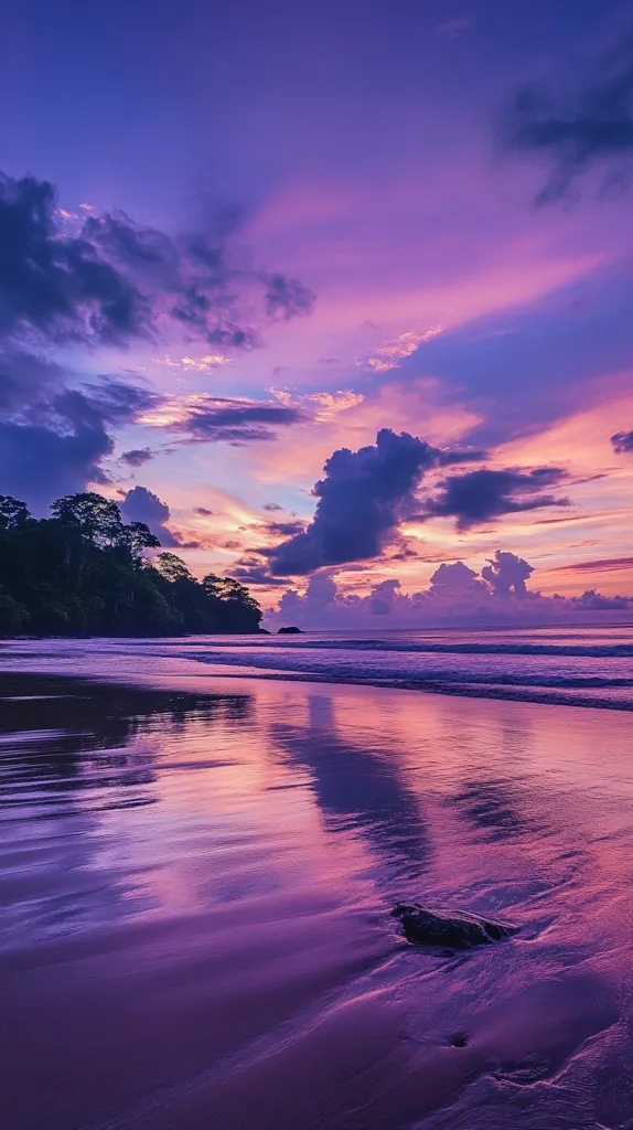 A breathtaking sunset paints the sky in vibrant purples and pinks, casting a magical glow over a tranquil beach.  Dark silhouettes of trees line the shore, their reflection shimmering in the calm water.  The sand, wet and smooth, mirrors the sky's hues, creating a serene and captivating scene.  A single dark rock rests near the water's edge, adding a touch of contrast to the otherwise soft landscape.