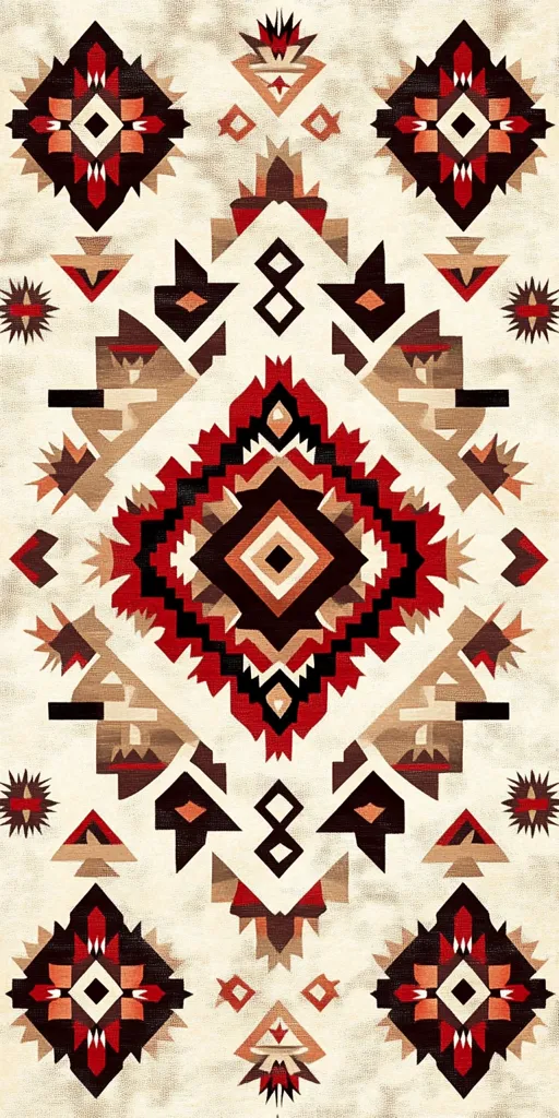 A vertically oriented image showcases a textile design reminiscent of Native American patterns.  The off-white background is overlaid with a repeating geometric motif in shades of red, brown, and black.  The design features intricate, symmetrical shapes including diamonds, triangles, and stars, creating a rich, textured visual effect. The overall impression is one of bold, traditional artistry.