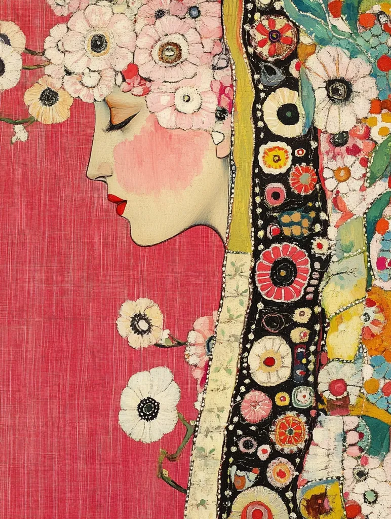 A stylized portrait of a woman's profile, adorned with a crown and flowing floral headdress.  The artwork features vibrant colors and bold brushstrokes.  The woman's face is delicately painted, contrasting with the richly textured, colorful floral elements cascading down her side.  The background is a textured crimson, adding depth to the piece.  The overall style is reminiscent of Art Nouveau and folk art.