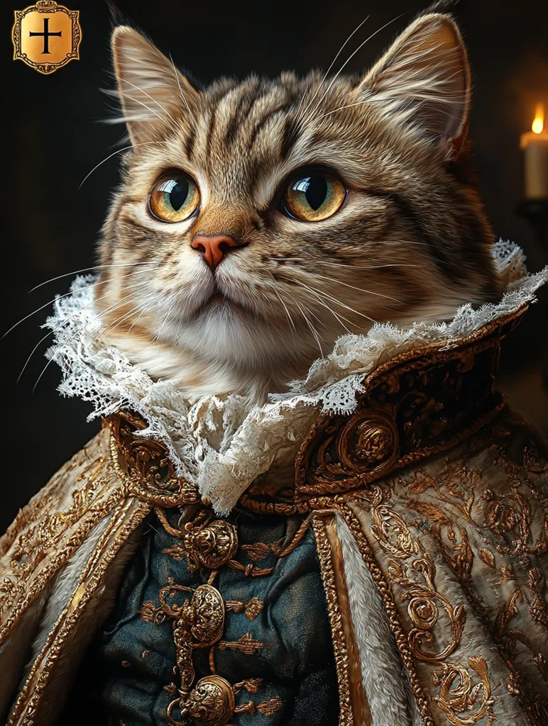 A long-haired tabby cat is depicted in a regal portrait, adorned in an elaborate, gold-embroidered cape and a lace collar.  The cat's amber eyes gaze upward, conveying a sense of regal dignity. The dark background and soft lighting enhance the opulent feel of the image, transforming the feline into a majestic creature fit for a royal court.  The overall style is reminiscent of classic portraiture.