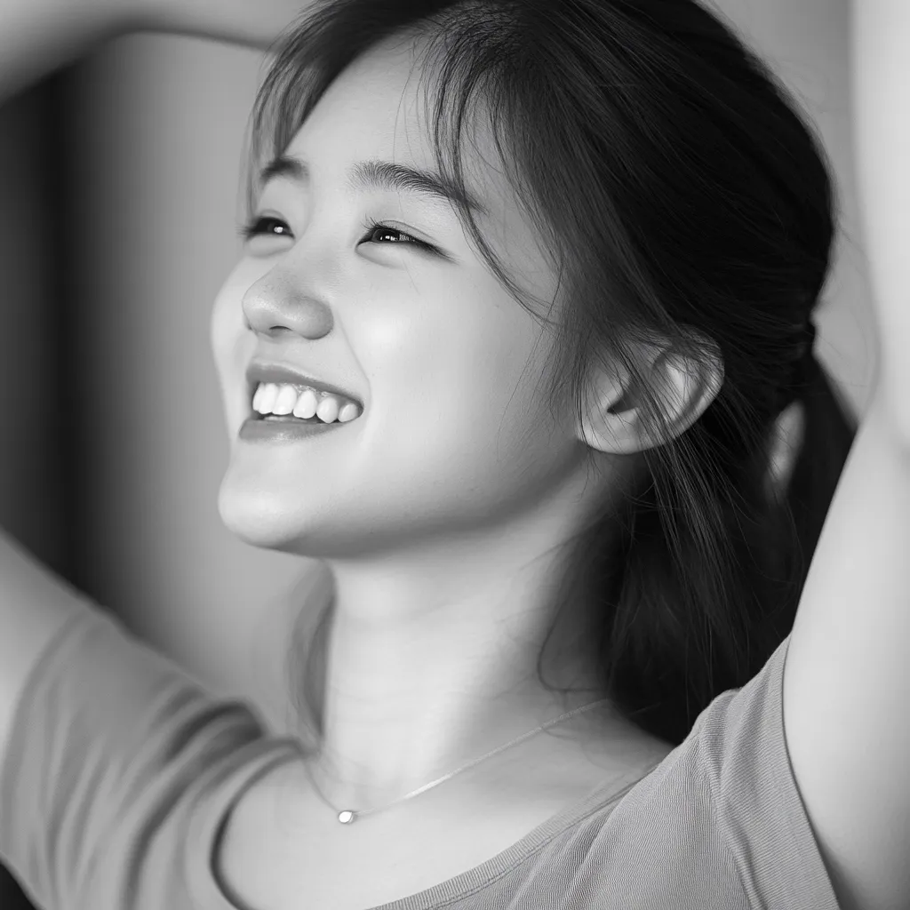 A black and white portrait of a young woman with long dark hair.  She's smiling brightly, her head tilted back, arms raised behind her head.  She wears a simple t-shirt and a delicate necklace. The image conveys a feeling of joy and carefree happiness.  Her expression is radiant and her skin appears smooth.