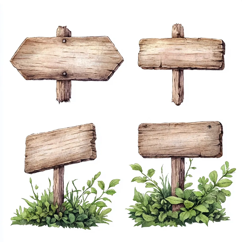Four watercolor illustrations of rustic wooden signs, two horizontal and two vertical.  The signs are blank, weathered, and appear hand-made.  Two signs are situated above patches of green foliage, suggesting a natural, outdoor setting.  The overall style is charming and quaint, ideal for crafting or design projects.