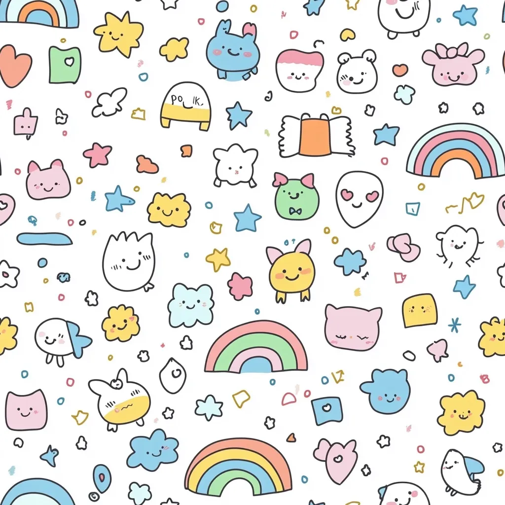 A whimsical seamless pattern features a delightful array of hand-drawn characters and elements.  Cute animals, rainbows, stars, and clouds are scattered across a white background.  The style is playful and childlike, with simple lines and pastel colors creating a cheerful and charming design.  Various shapes and simple text add to the overall happy and lighthearted feel.