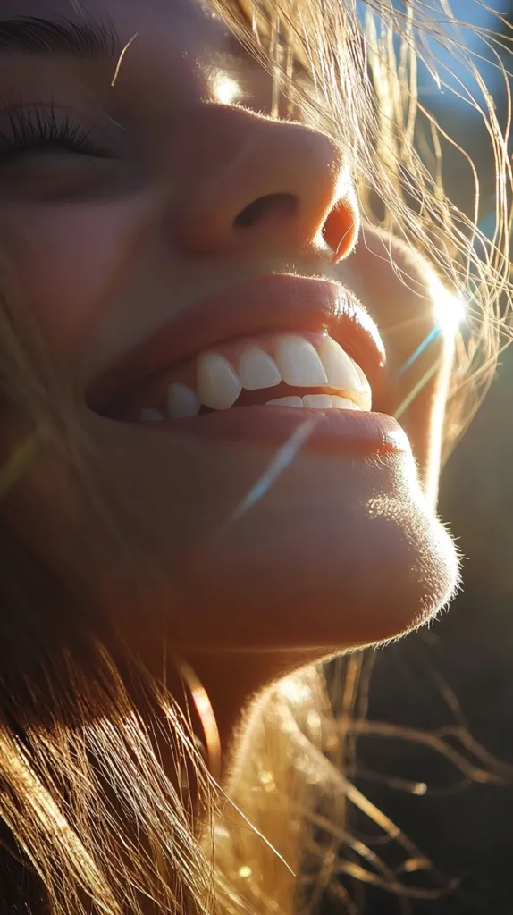 Close-up of a woman's face, bathed in golden sunlight.  Her eyes are closed, and she has a radiant smile revealing bright white teeth.  Her blonde hair is windblown, adding to the carefree and joyful mood of the image. The sunlight creates a lens flare effect, enhancing the overall warmth and beauty.