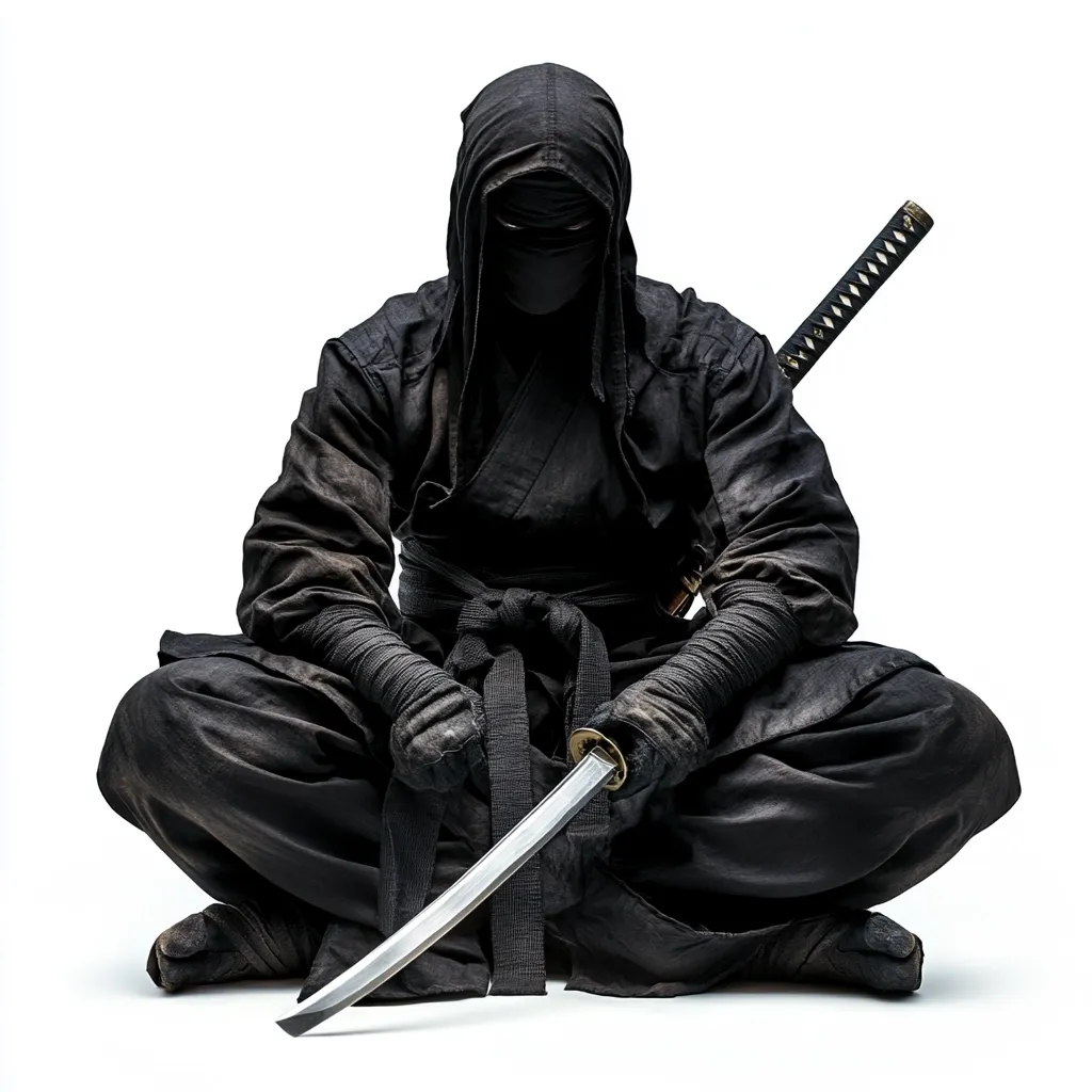 A cloaked figure, possibly a ninja, sits cross-legged against a stark white background.  The individual is completely covered in dark, weathered clothing, their face obscured by a hood and mask. A katana rests between their legs, its gleaming blade contrasting with the muted tones of their attire. The overall image evokes a sense of mystery and quiet strength.