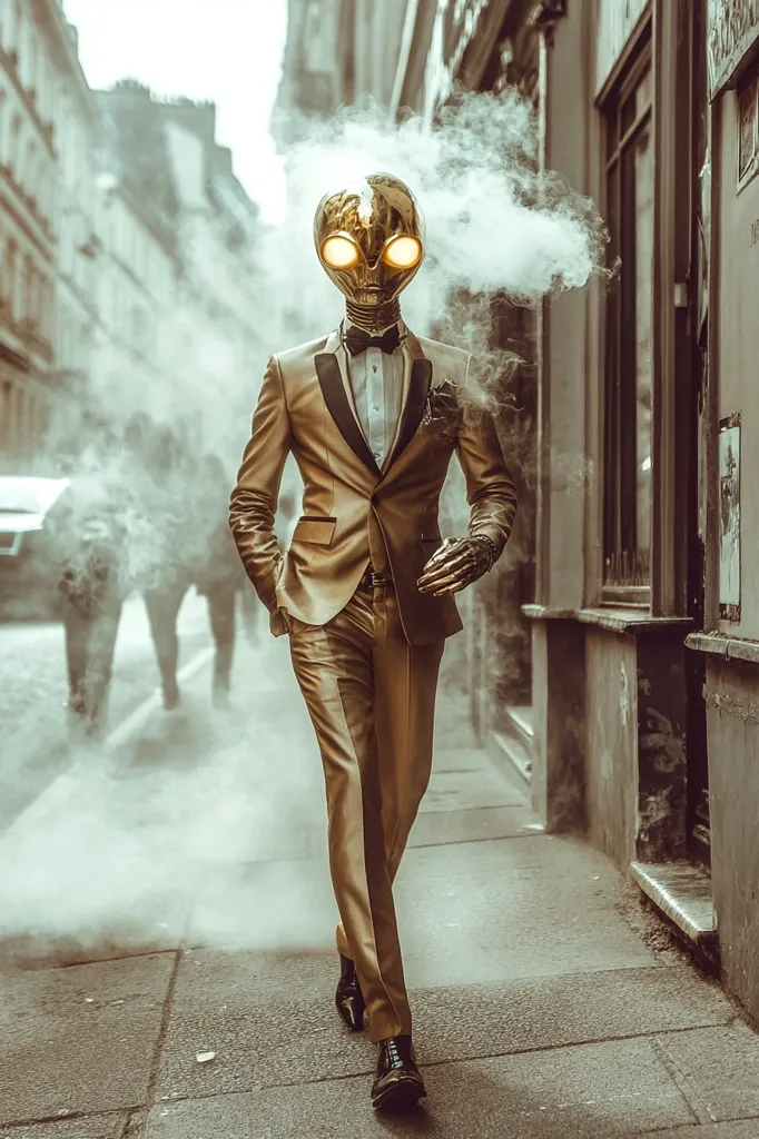 A figure in a gold suit and an alien-like headpiece walks down a city street shrouded in smoke.  The headpiece has glowing yellow eyes. The suit is impeccably tailored, and the figure's posture is confident. The background is blurred, emphasizing the figure's mysterious presence. The overall image evokes a sense of sci-fi intrigue and stylish anonymity.