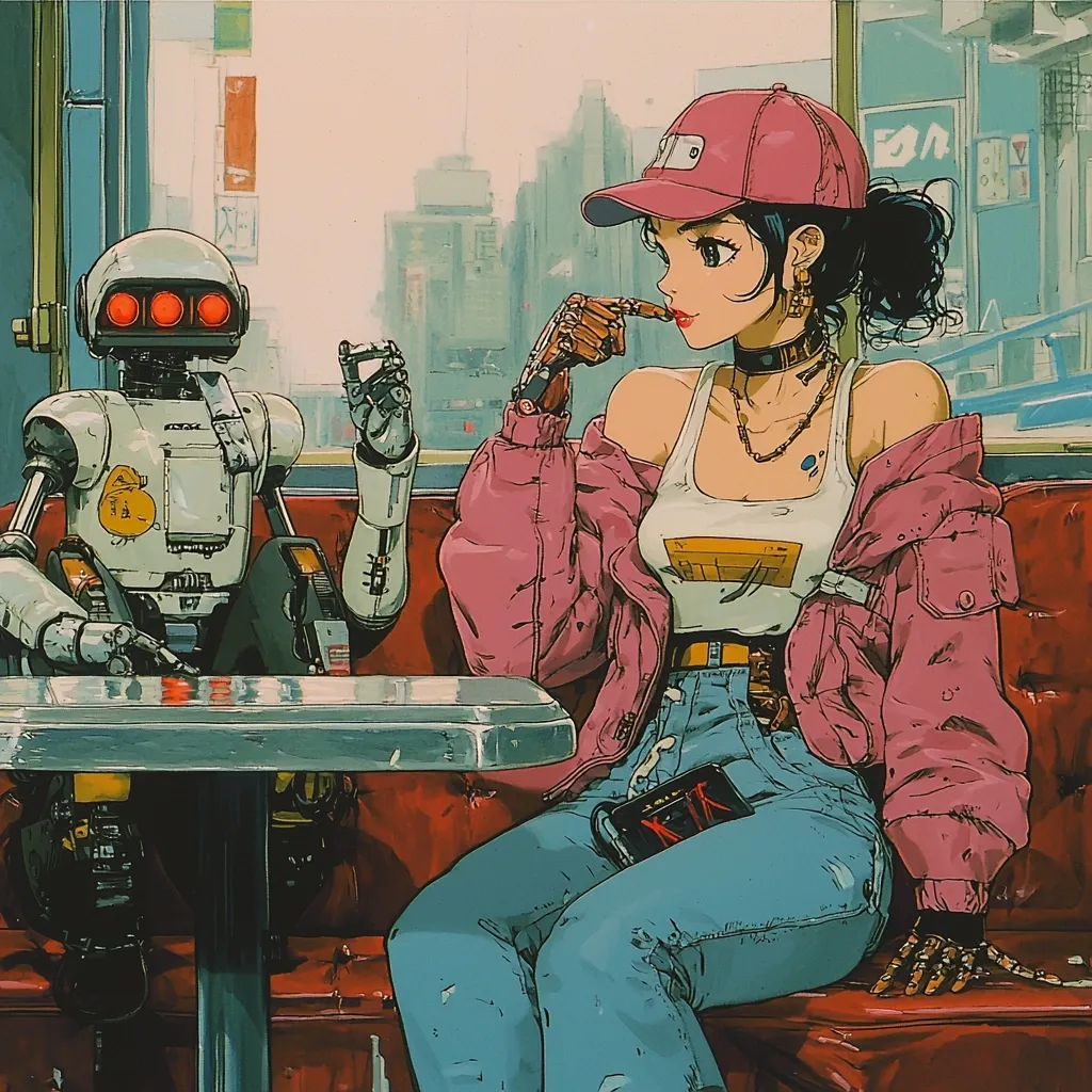 A stylized illustration depicts a young woman with a pink jacket and blue jeans sitting at a diner booth with a retro-style robot.  The woman, adorned with futuristic accessories, holds a mechanical hand to her mouth.  The robot, with glowing lights on its head, sits opposite her.  The setting appears to be a futuristic city, visible through the diner window.  The art style is reminiscent of anime and cyberpunk aesthetics.