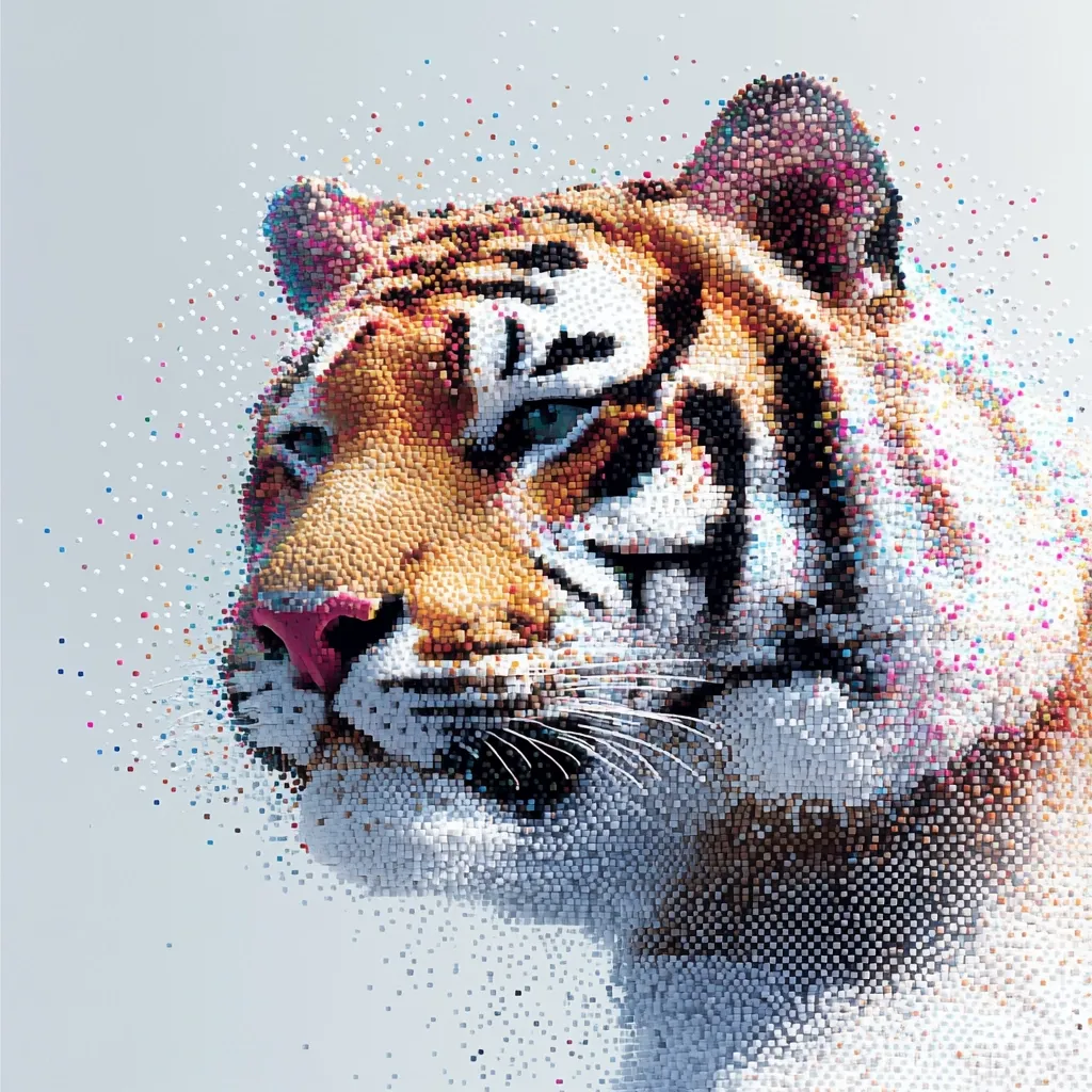 A majestic tiger's head is depicted in a striking pixel art style.  Tiny, multicolored cubes form the image, creating a textured and vibrant effect. The tiger's intense gaze and detailed features are well-preserved despite the pixelization.  Some cubes subtly detach from the main form, suggesting movement or disintegration. The background is a simple, light gray, allowing the tiger to dominate the composition.