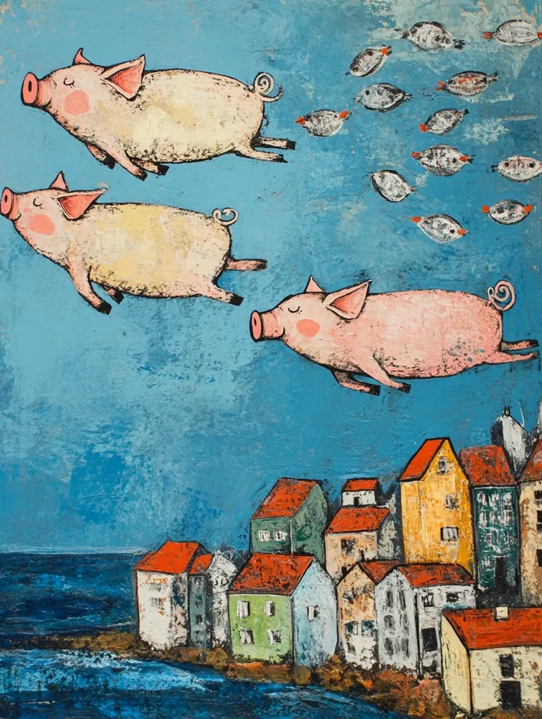 Three pigs fly in formation above a quaint seaside town.  A school of small fish swims beneath them against a vibrant blue sky. The pigs are rendered in varying shades of pink and beige, with a textured, painterly style. The coastal village features colorful houses clustered along a shoreline, evoking a whimsical and surreal scene.  The overall aesthetic is playful and imaginative.