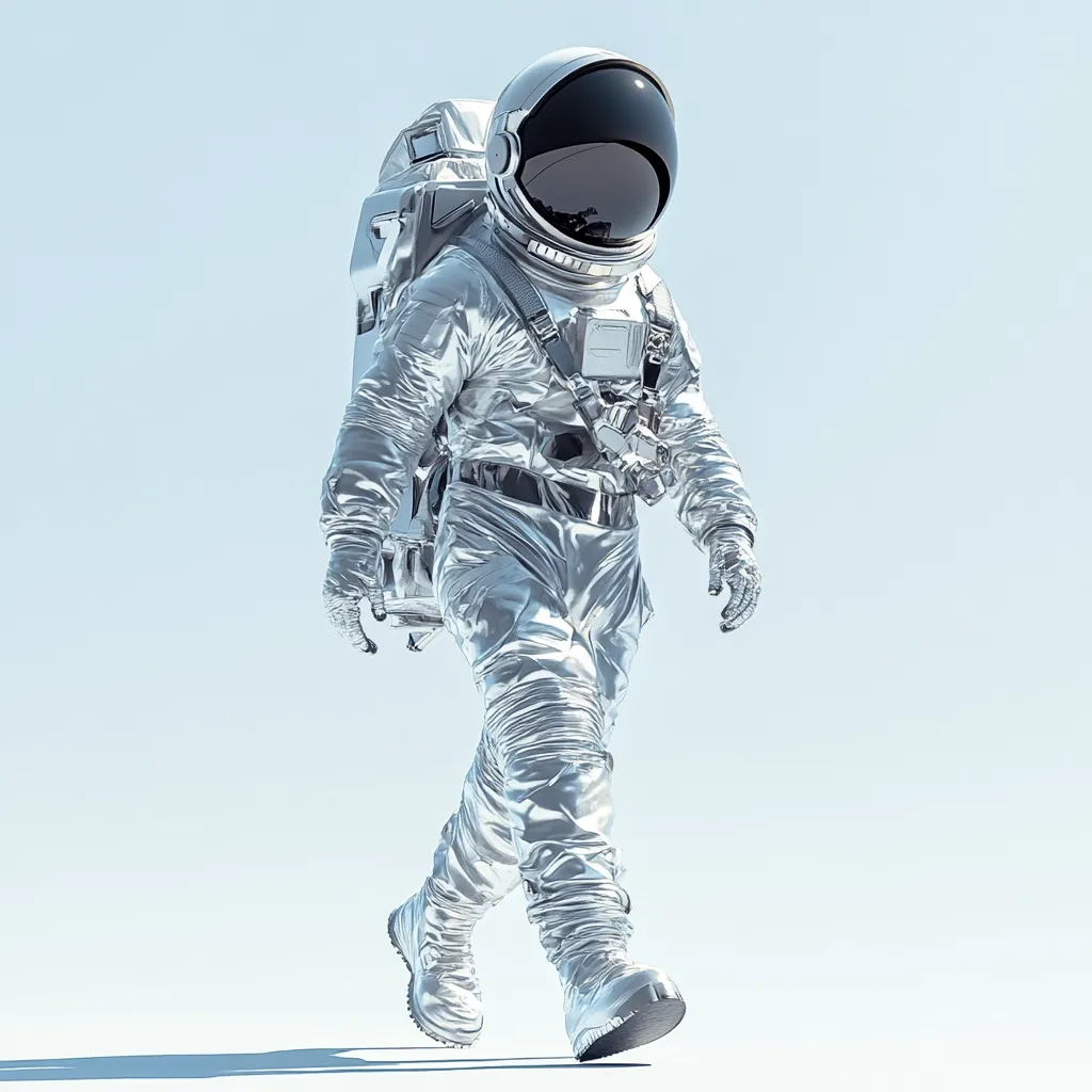 A silver astronaut, clad in a futuristic spacesuit with a bulky backpack, strides across a minimalist, light-blue background. The suit's reflective surface catches the light, highlighting its metallic texture. The astronaut's helmet is dark, obscuring the face within. The scene evokes a sense of exploration and solitude in space, emphasizing the astronaut's solitary journey.