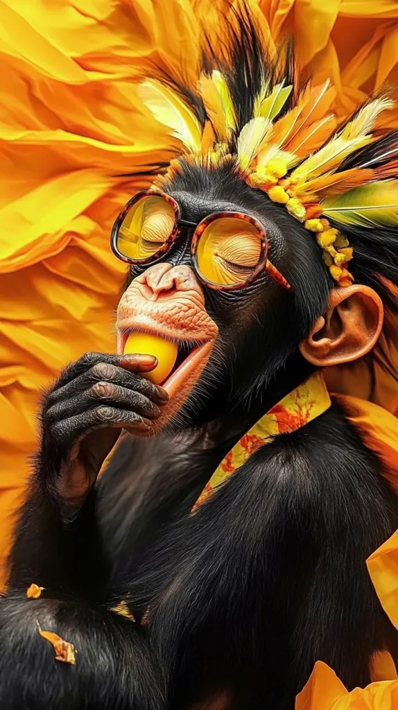 A chimpanzee, adorned with a vibrant headdress of orange and yellow feathers, relaxes amidst a backdrop of bright orange fabric.  The chimp wears round, orange-tinted glasses and enjoys a small yellow fruit.  Its expression is one of blissful contentment, creating a humorous and visually striking image.  The overall color palette is warm and saturated.
