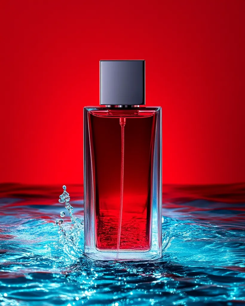 A rectangular perfume bottle with a silver cap sits in vibrant blue water against a bold red backdrop.  The perfume inside is a deep red, mirroring the background's color.  Water splashes around the bottle's base, suggesting a recent immersion. The image showcases a dramatic contrast between the cool blue water and warm red tones.