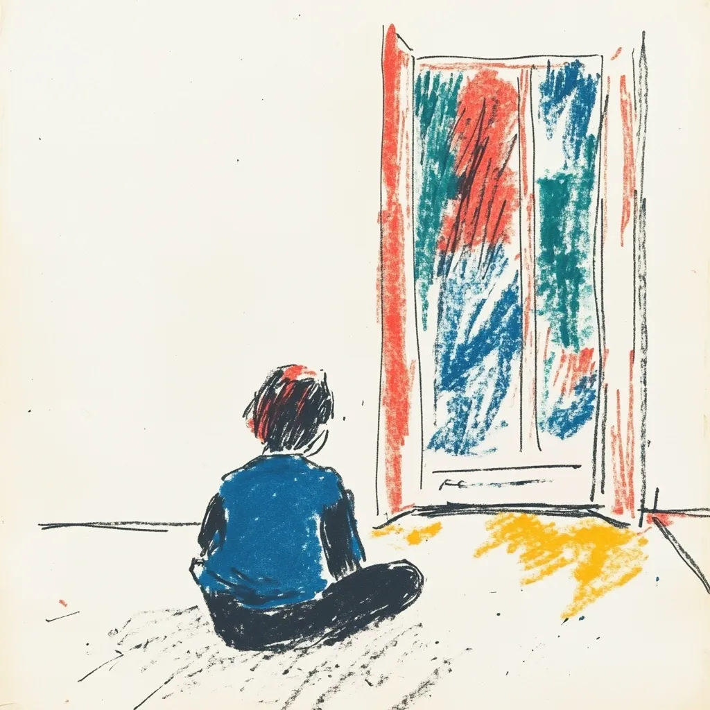 A child sits on the floor, back to the viewer, gazing at a brightly colored door.  The drawing is expressive and uses loose, sketchy lines and pastel hues of blue, red, and green for the door and the child's clothing. The floor is suggested by light yellow and grey markings.  The overall mood is contemplative and slightly melancholic.