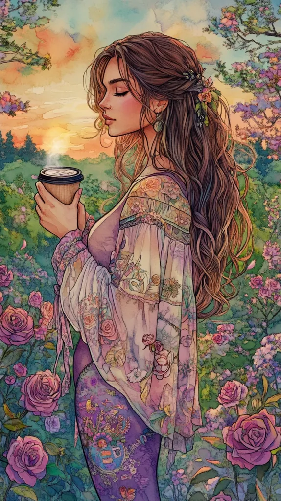 A watercolor painting depicts a serene woman with long brown hair adorned with flowers. She stands amidst a vibrant rose garden at sunset, holding a steaming coffee cup. Her flowing, floral-patterned dress complements the surrounding nature.  The artwork showcases a peaceful and romantic atmosphere, with soft colors and intricate details. The overall impression is one of tranquility and beauty.
