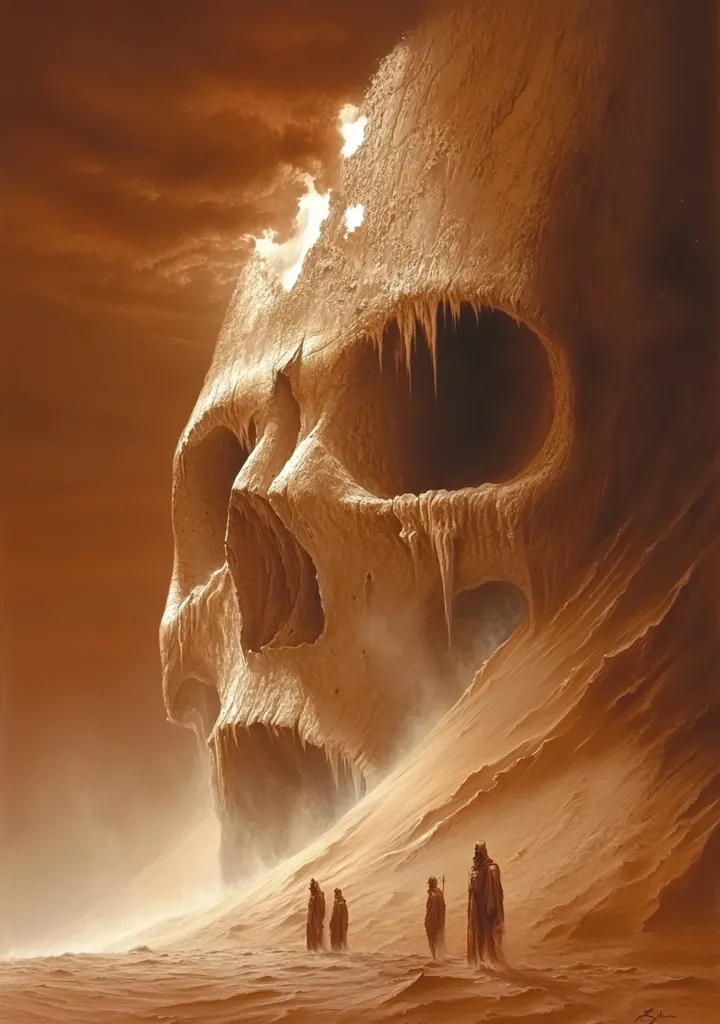 A colossal skull, formed from sand and rock, dominates a desolate desert landscape.  Its massive form casts a long shadow, its eye sockets dark and cavernous.  Small figures, cloaked and seemingly insignificant, stand at its base, dwarfed by the immense, otherworldly structure. The overall tone is one of awe and foreboding, the scene imbued with a sense of mystery and ancient power.  The sky is a dusky orange, enhancing the surreal atmosphere.