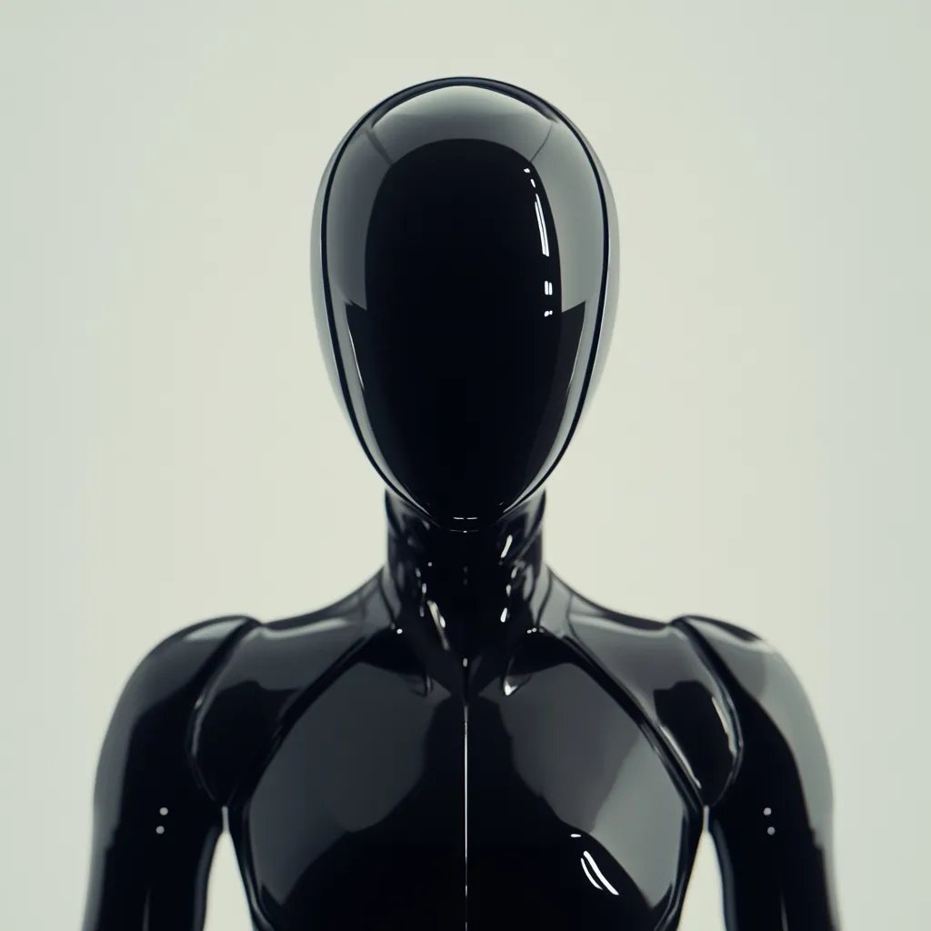 A close-up shot reveals a sleek, black humanoid robot.  Its smooth, glossy surface reflects light, and its head is a featureless, helmet-like dome.  The robot's body is articulated, suggesting a degree of movement. The overall aesthetic is minimalist and futuristic, with a focus on the robot's smooth, dark form against a neutral background.
