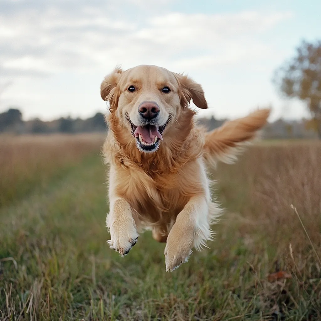 A golden retriever dog joyfully leaps through a field of tall grass.  Its mouth is open in a happy grin, and its fur flows in the air as it bounds forward. The background is softly blurred, focusing attention on the energetic dog in mid-air. The overall mood is one of carefree happiness and outdoor freedom.