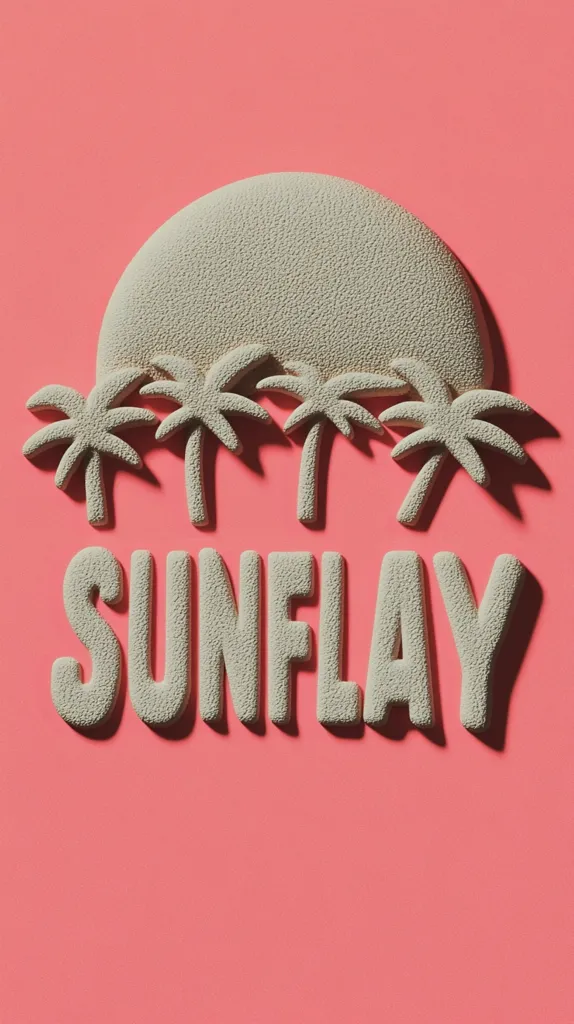 A digital illustration showcases the word "SUNFLAY" in raised, textured, beige lettering against a coral pink background.  Above the word, a beige, textured sun and three palm trees are similarly styled, creating a beach-themed design. The overall style is minimalist and evokes a summery, vacation vibe.