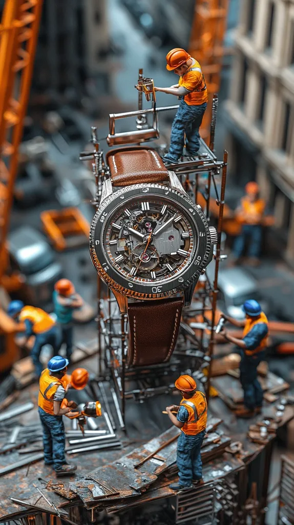A complex, intricate skeleton watch with a brown leather strap is the centerpiece of a miniature construction scene.  Tiny figurines of construction workers, wearing hard hats and safety vests, are meticulously working around and on the watch, creating a surreal juxtaposition of time and labor. The background is blurred but shows a city streetscape, adding to the scene's depth and scale.