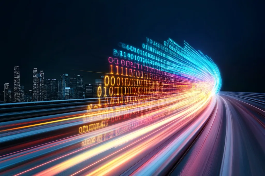 A vibrant image depicts a highway curving into the distance, with streaks of light resembling data streams flowing at high speed.  Binary code in various colors is embedded within the light trails, suggesting rapid data transfer.  A city skyline is visible in the background, contrasting the futuristic technological element in the foreground. The overall impression is one of rapid technological advancement and the constant flow of digital information.