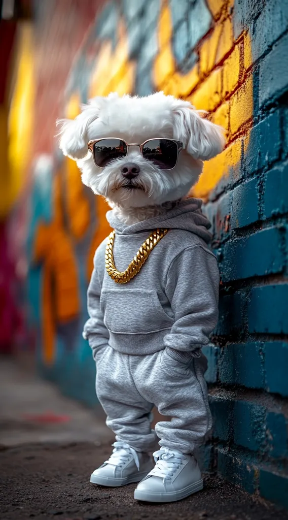A small white dog, sporting sunglasses and a gold chain, is dressed in a grey hoodie and sweatpants.  It stands confidently against a vibrant, graffiti-covered brick wall. The dog's attire and accessories give it a stylish, hip-hop inspired look.  The image is a playful contrast between the dog's cute appearance and its fashionable outfit.