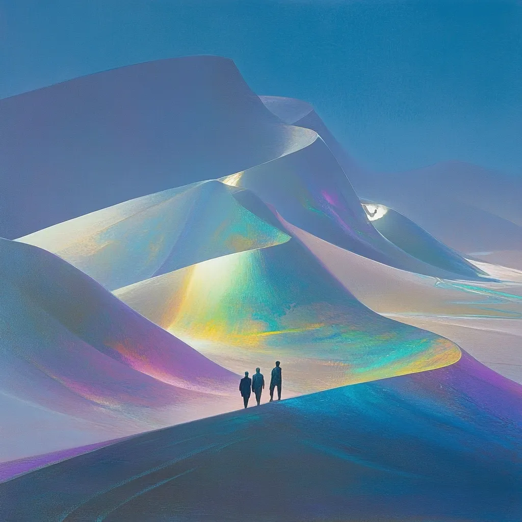 Three figures traverse a surreal, iridescent desert landscape.  Soft, pastel-colored dunes curve and undulate under a pale blue sky. The sand displays an ethereal, almost holographic glow, creating a dreamlike and otherworldly atmosphere.  The figures, silhouetted against the luminous dunes, appear small and insignificant against the vastness of the otherworldly setting.