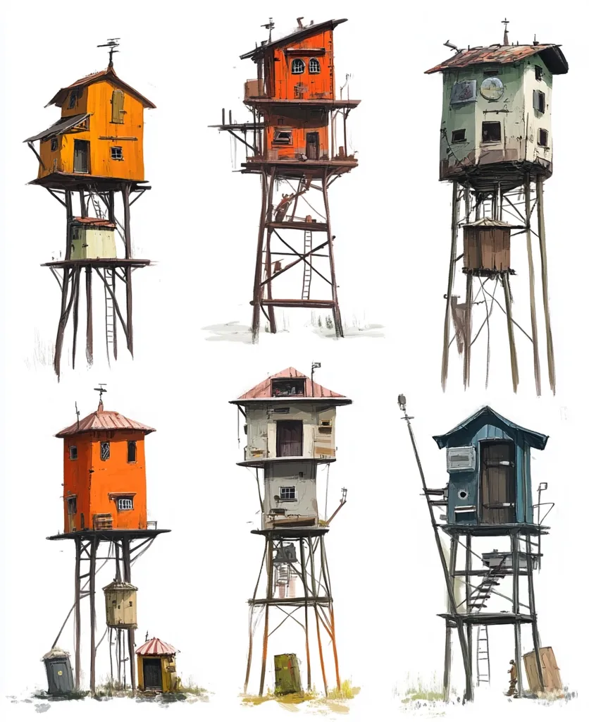 Six illustrations depict unique stilt houses, varying in style and condition.  Some are brightly colored and appear relatively new, others show signs of age and disrepair.  The designs range from simple structures to more complex, multi-level dwellings.  All are elevated on tall, spindly legs, suggesting a marshy or watery setting.  The artistic style is painterly, with visible brushstrokes.