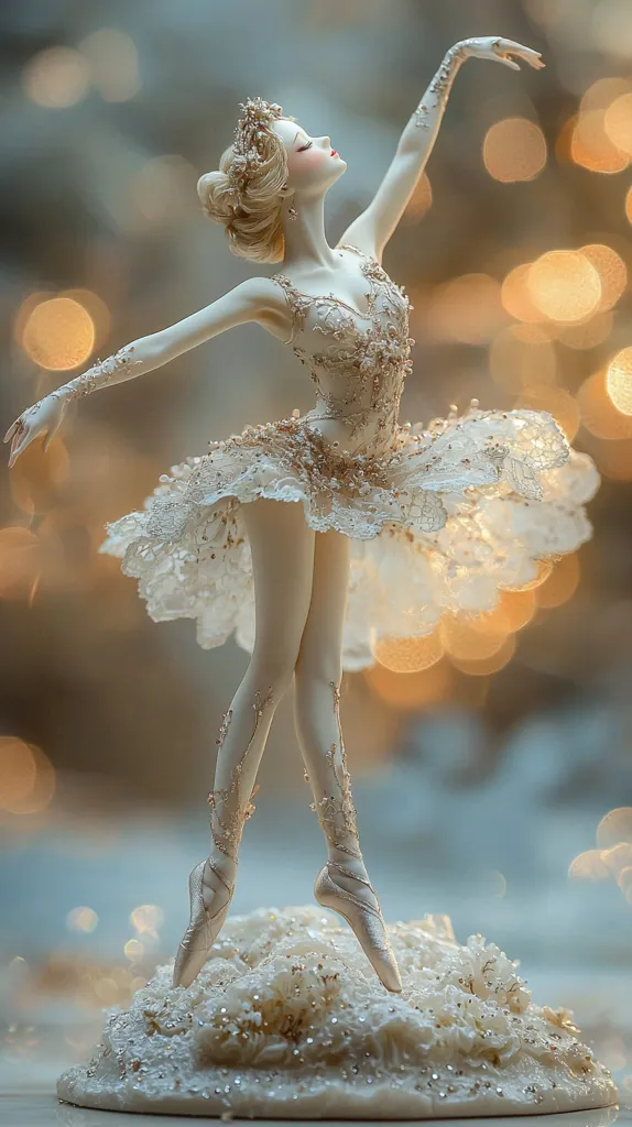 A porcelain ballerina doll, exquisitely detailed, is captured in a graceful pose.  She wears a delicate, lace-adorned tutu and pointe shoes, her blonde hair styled elegantly.  The background features soft, warm bokeh lights, enhancing the ethereal beauty of the figurine, which rests on an ornate, textured base. The overall aesthetic is one of delicate elegance and refined artistry.