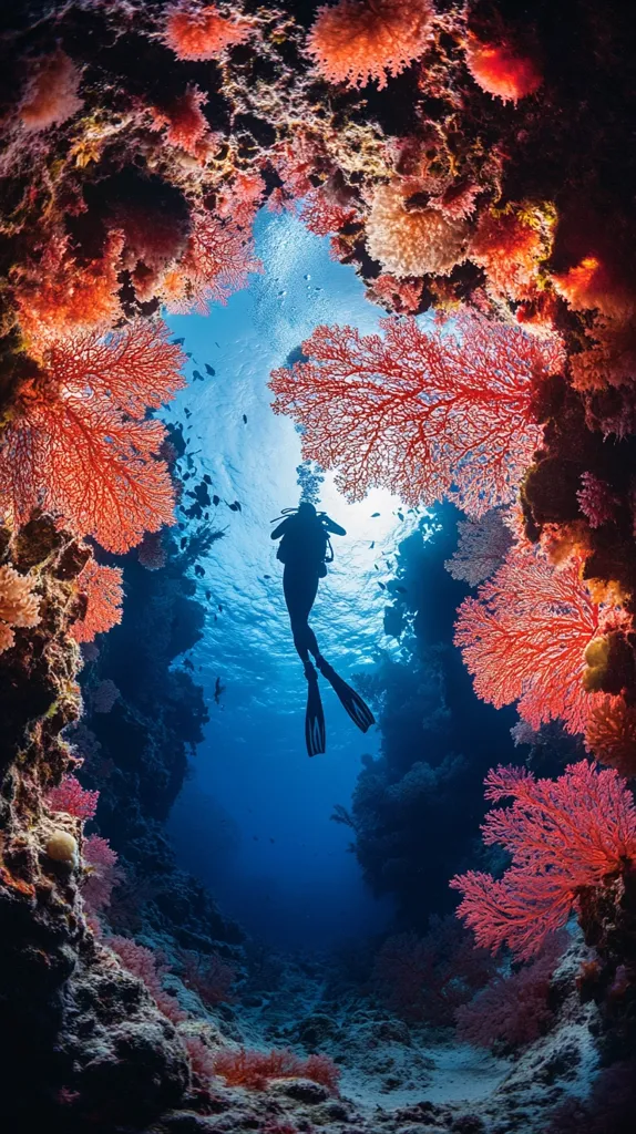 A scuba diver is silhouetted against a vibrant underwater scene.  The diver ascends through a coral cavern, framed by bright red sea fans and other coral formations.  The deep blue water is clear, allowing ample light to illuminate the intricate coral structures.  The scene is a breathtaking display of underwater life and biodiversity.