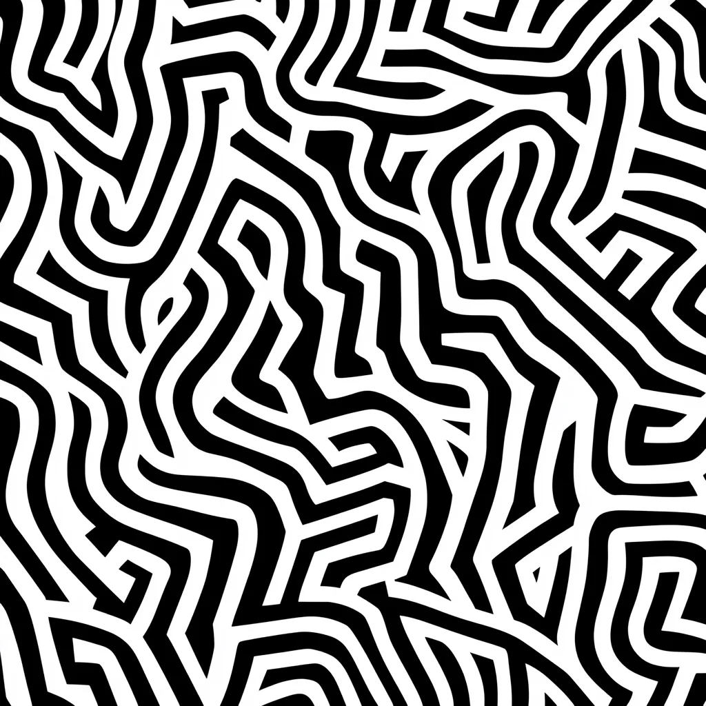 The image is a black and white abstract pattern. It features a series of thick, wavy lines that interlock and overlap to create a complex, maze-like design. The lines are predominantly black and white, creating a strong contrast.  The pattern is seamless, meaning it could be repeated infinitely without any visible breaks. The overall effect is visually stimulating and dynamic.