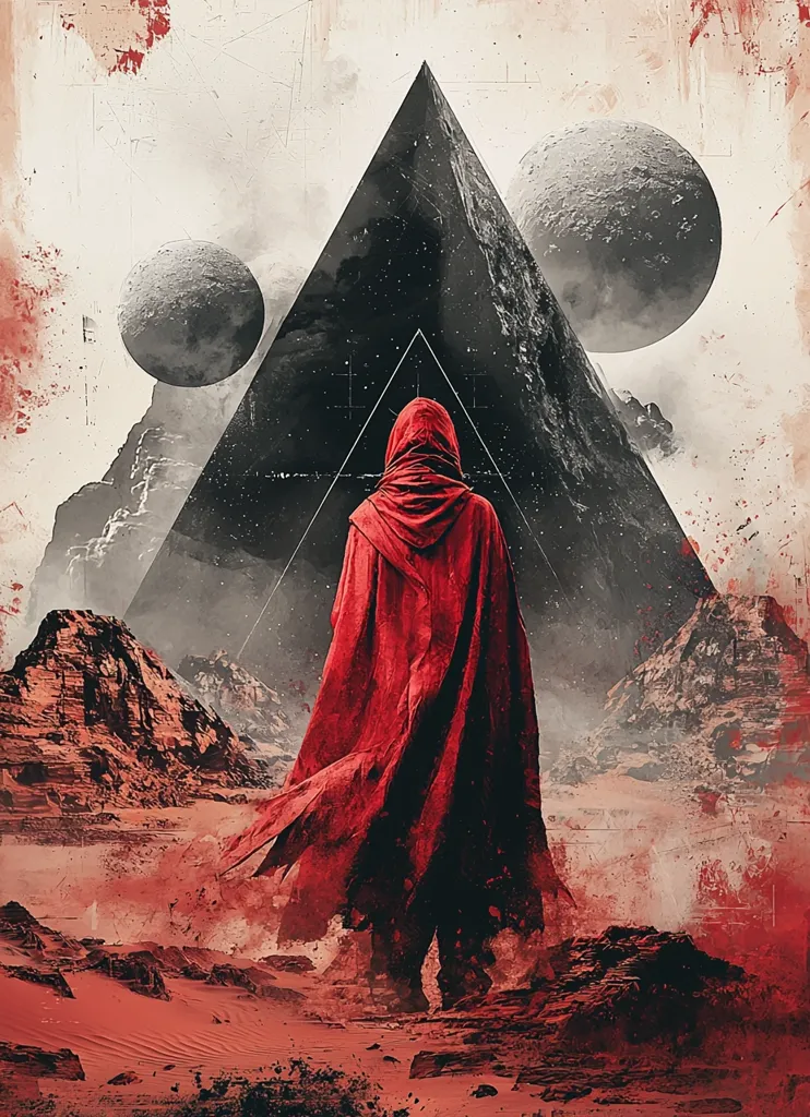 A figure cloaked in red stands before a colossal, dark pyramid in a desolate, Martian-like landscape.  Two large moons hang in the crimson sky.  The scene is painted with a textured, grunge aesthetic, suggesting a sense of mystery and possibly apocalyptic desolation. The red cloak emphasizes the figure's isolation and the harshness of their surroundings.