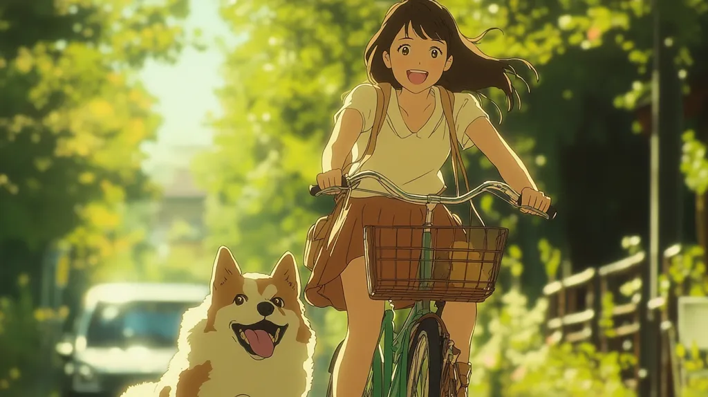 A joyful anime girl with shoulder-length brown hair smiles brightly while cycling down a sun-drenched street.  Her bicycle has a front basket, and a cheerful corgi dog trots happily alongside her. Lush green foliage forms a vibrant backdrop, creating a serene and idyllic summer scene. The overall mood is one of carefree happiness and peaceful contentment.