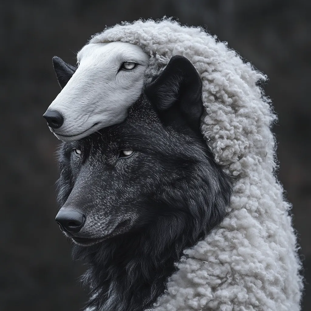 A striking image depicts a black wolf subtly concealed by a fluffy white sheep's fleece.  The wolf's head and neck are visible beneath the sheep's wool, creating a stark contrast between the dark predator and the innocent guise.  The composition uses monochrome tones to highlight the duality of appearance and reality, suggesting a deceptive nature or hidden truth. The image is evocative and artistically compelling.