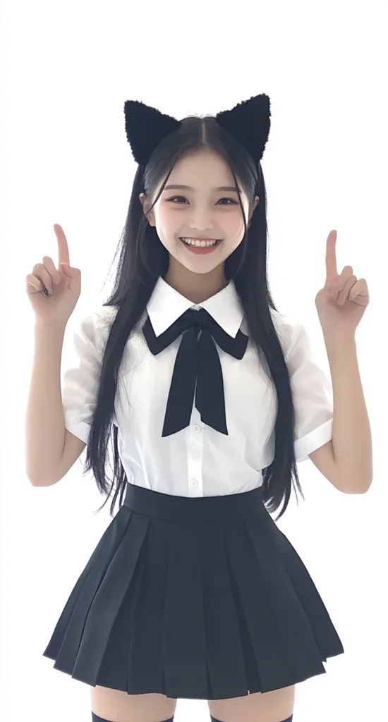A young woman with long black hair and cat ears poses cheerfully.  She's wearing a white short-sleeved collared shirt with a black bow tie and a black pleated mini skirt, a classic schoolgirl outfit.  Both hands are raised, fingers pointing upwards, suggesting a playful and energetic mood. The background is plain white.