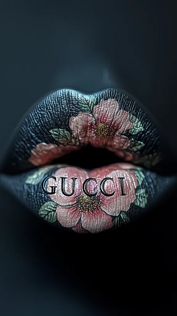 Close-up of lips artfully painted black with a floral design featuring pink roses and the word "GUCCI" in elegant lettering.  The dark background contrasts sharply with the delicate flowers, creating a striking and luxurious image. The detailed artistry showcases a unique and fashionable expression.