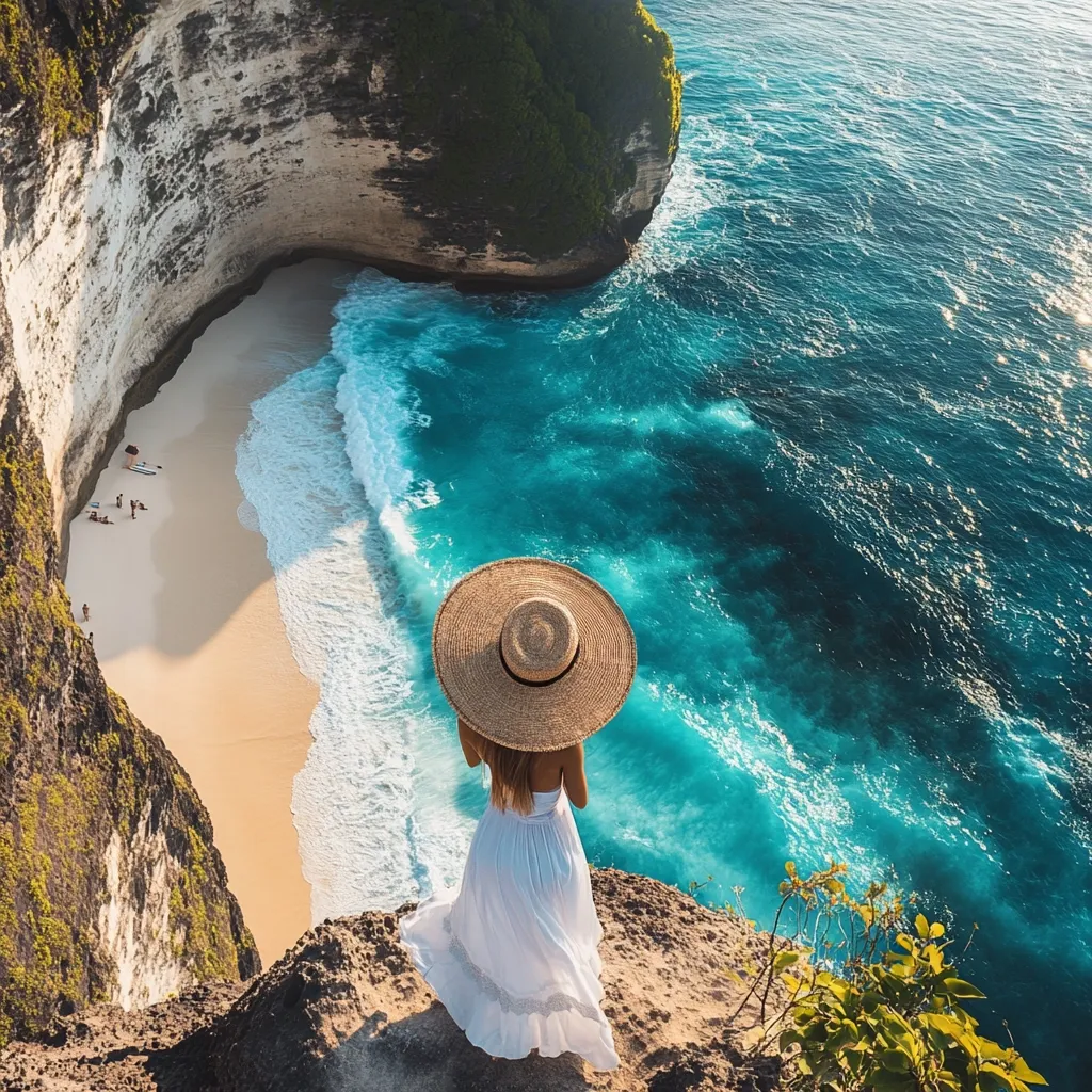 A woman in a white dress and wide-brimmed straw hat stands on a cliff overlooking a secluded beach.  The beach is nestled within a dramatic limestone cove, with turquoise water crashing against the shore. The scene is idyllic, showcasing the beauty of a tropical paradise.  A few people are visible on the beach, adding a sense of scale to the breathtaking vista.