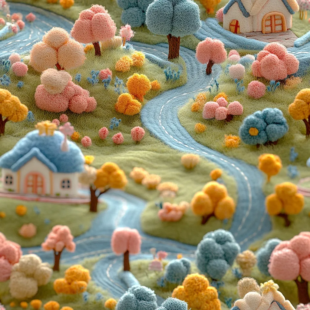 A whimsical miniature landscape features pastel-colored fluffy trees and houses nestled beside a winding blue river.  The scene is crafted with a textured, soft appearance, resembling a handmade creation.  Small flowers dot the grassy areas, creating a charming and idyllic springtime setting. The overall style is cute and dreamy.