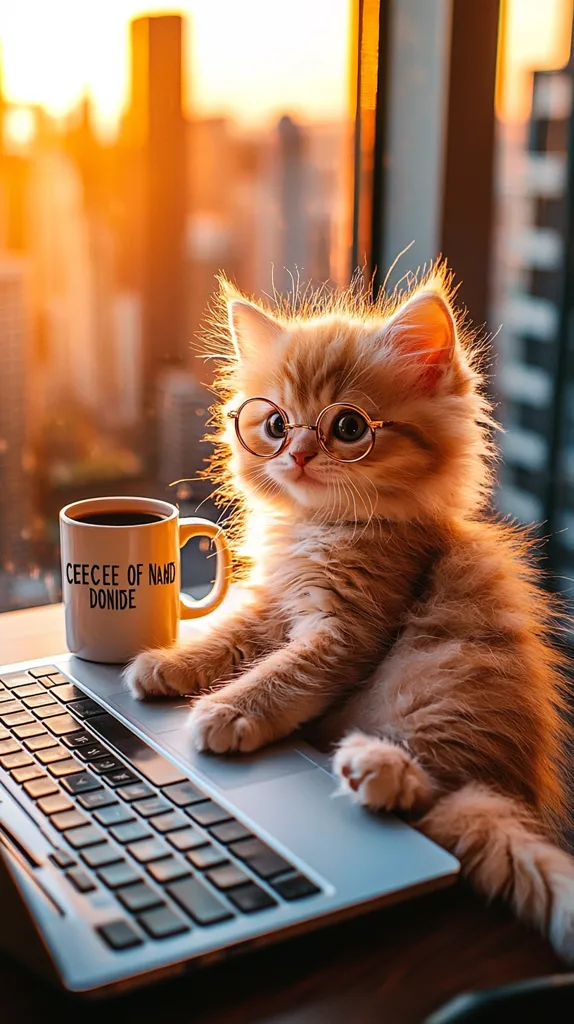 A fluffy ginger kitten, wearing round glasses, sits at a laptop with a mug of coffee.  The sun sets behind a cityscape visible through a window, casting a warm glow on the kitten.  The mug features text, and the kitten's paws rest gently on the laptop keyboard. The overall scene is adorable and evokes a sense of cozy comfort.