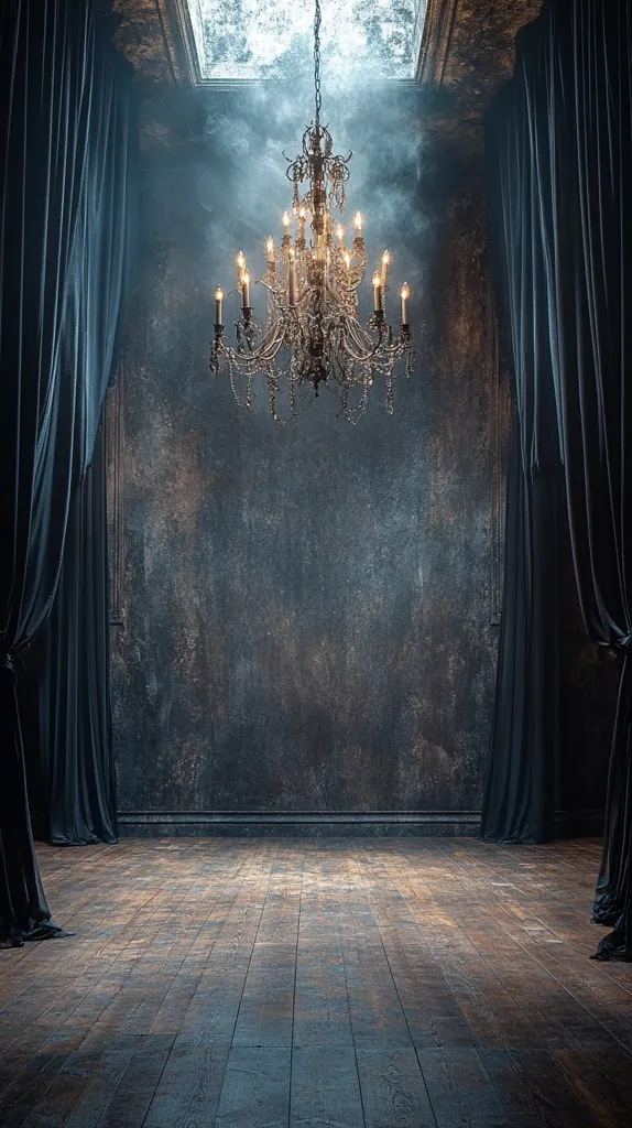 A grand, ornate chandelier hangs from the ceiling of a dimly lit room.  Dark, velvet curtains frame a textured, dark-grey wall.  The hardwood floor stretches from the curtains to the wall, creating a dramatic, atmospheric scene.  Light streams in from a skylight above, casting a mystical glow. The overall ambiance is gothic and elegant.