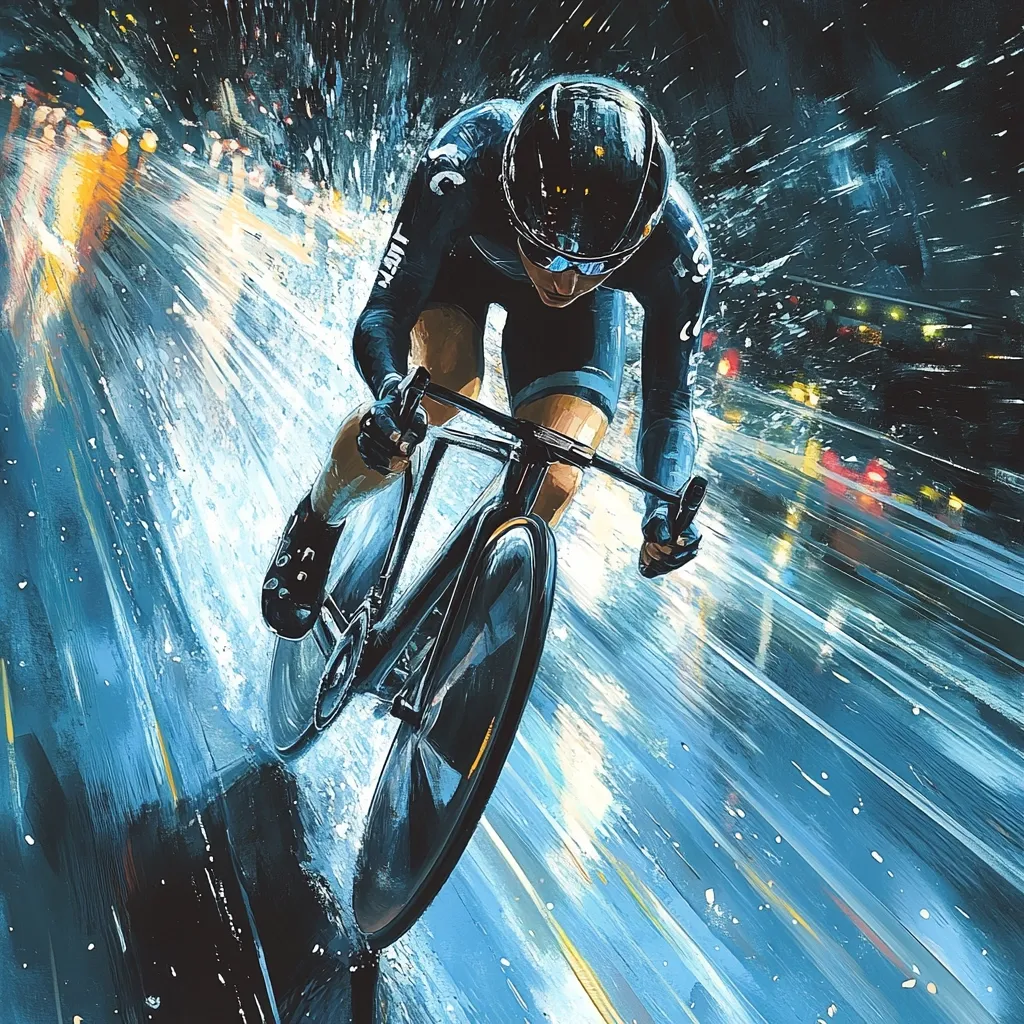 A dynamic illustration depicts a cyclist in a time trial, hunched low over their bike. Rain streaks across the wet asphalt, blurring the background city lights into streaks of color. The cyclist's focus is intense, their form streamlined for speed.  The dark, sleek bicycle and the vibrant, motion-blurred background create a powerful visual of intense athleticism.