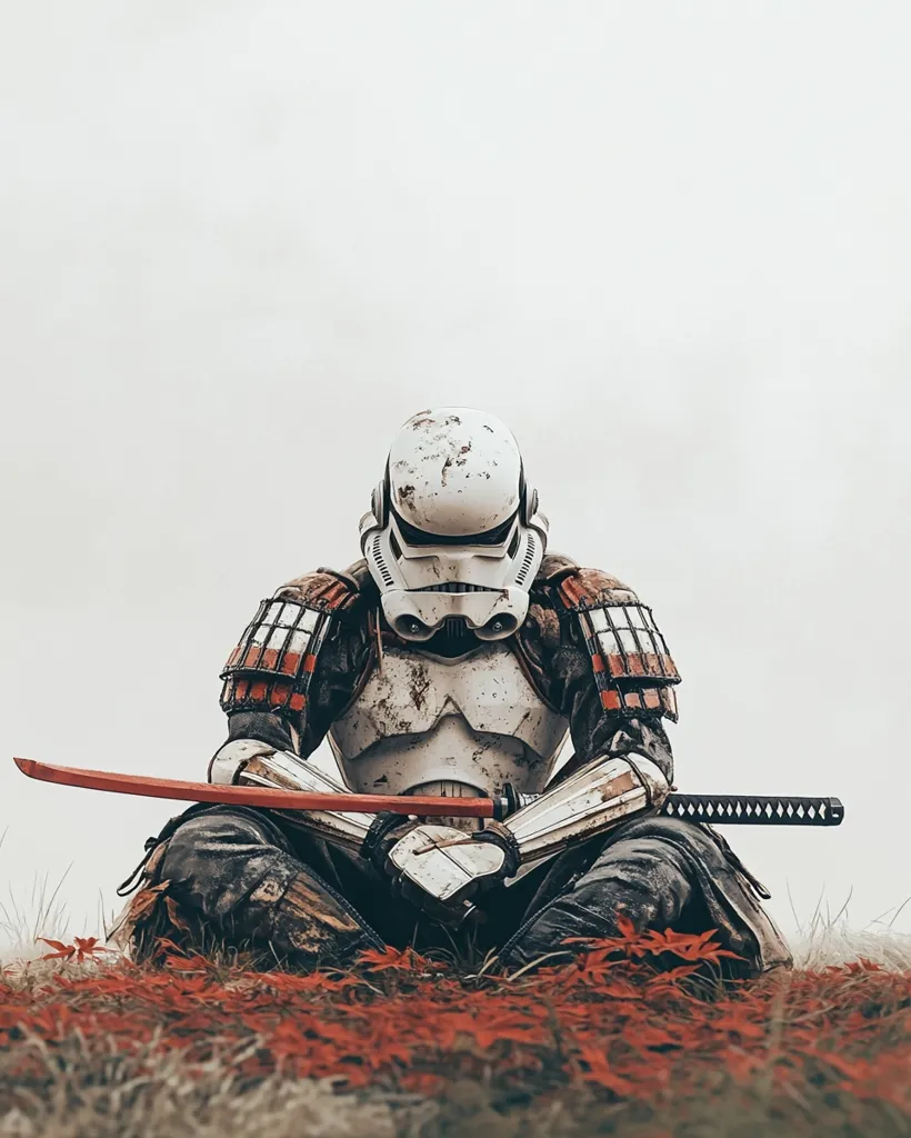 A weathered stormtrooper, clad in mud-splattered armor and a samurai-inspired suit of armor, sits cross-legged amidst crimson autumn leaves.  A katana rests across his lap, its red scabbard contrasting with the muted tones of his attire.  The scene is minimalist, with a stark white background focusing attention on the figure's contemplative pose. The image blends science fiction and Japanese aesthetics.