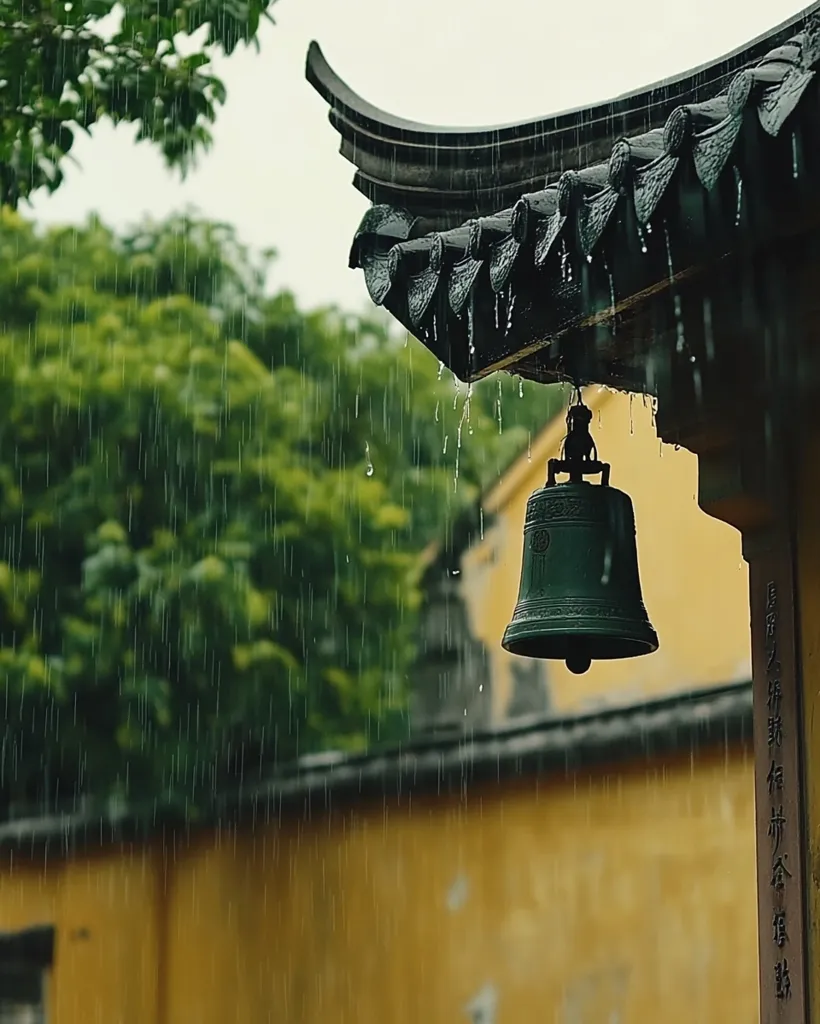 Rain falls on a dark green bell hanging from a weathered, dark gray temple roof.  Water drips from the eaves, creating a serene atmosphere.  The background features lush green trees and a yellow wall, blurred by the rain. The scene evokes a sense of peace and tranquility in a traditional Asian setting.
