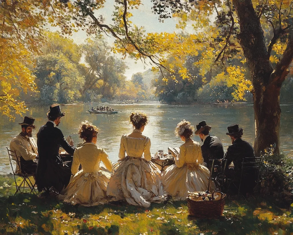 A picturesque autumnal scene unfolds beside a tranquil river.  Elegantly dressed men and women are seated under a sprawling tree, engaged in conversation and enjoying a picnic.  A boat carrying passengers glides across the water in the distance, adding to the serene atmosphere. The painting captures the beauty of nature and the charm of a leisurely social gathering.  Golden sunlight filters through the leaves, casting a warm glow over the scene.