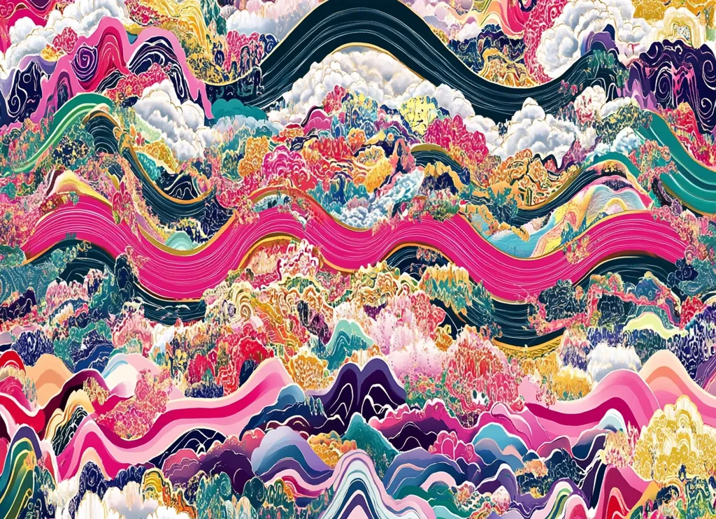 A vibrant, abstract landscape unfolds in swirling waves of pink, purple, teal, and gold.  Intricate, stylized clouds and mountains interweave, creating a rich tapestry of color and texture.  Gold accents highlight the flowing lines, enhancing the dreamy, almost ethereal quality of the artwork. The style evokes a sense of movement and energy, reminiscent of traditional Asian art with a modern, abstract twist.