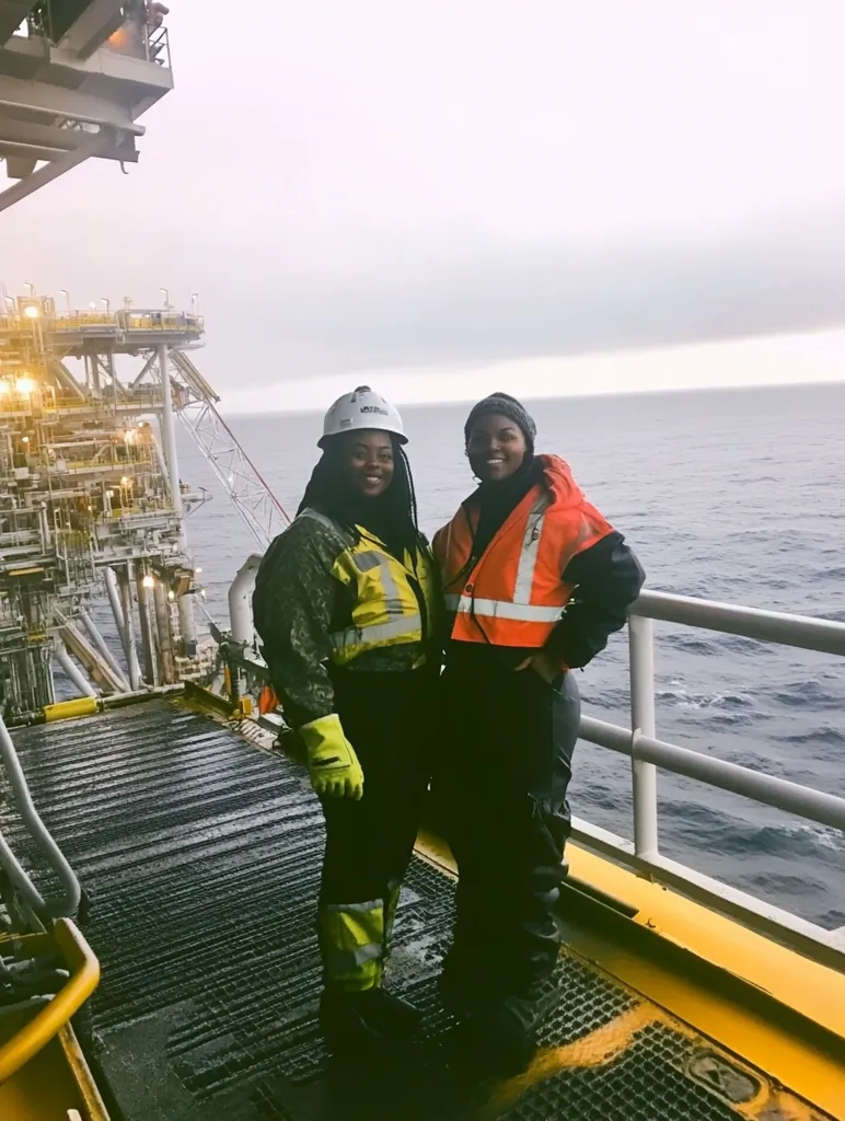 Two women in safety gear stand on an offshore oil rig platform overlooking a vast ocean.  One woman wears a white hard hat and a camouflage jacket, while the other wears a black hat and an orange high-visibility vest.  The rig's complex structure is visible in the background, with the sea stretching to the horizon under a cloudy sky.  They appear confident and professional in their work environment.