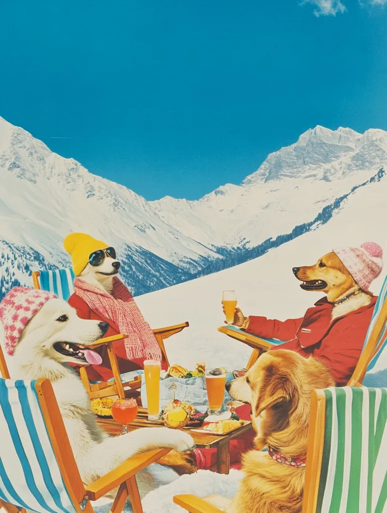 A whimsical scene depicts three dogs enjoying a sunny après-ski picnic in the snow-capped mountains.  Each dog wears winter attire and sits in a deck chair, sipping drinks and sharing a meal.  The vibrant colors and playful composition create a lighthearted and memorable image. The backdrop showcases a stunning alpine vista, enhancing the idyllic setting.